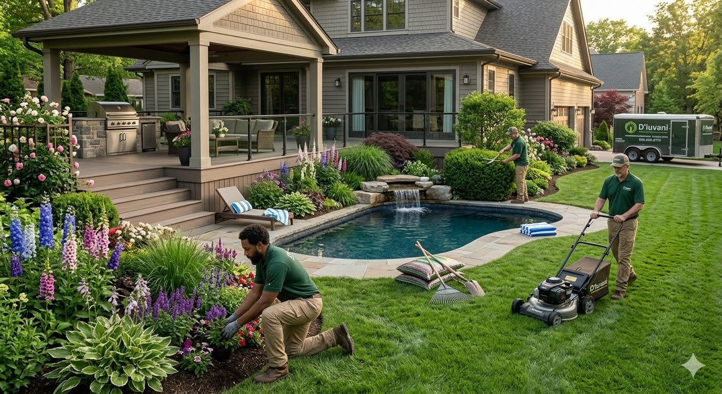 D'Luvani landscaping crew transforming a beautiful backyard